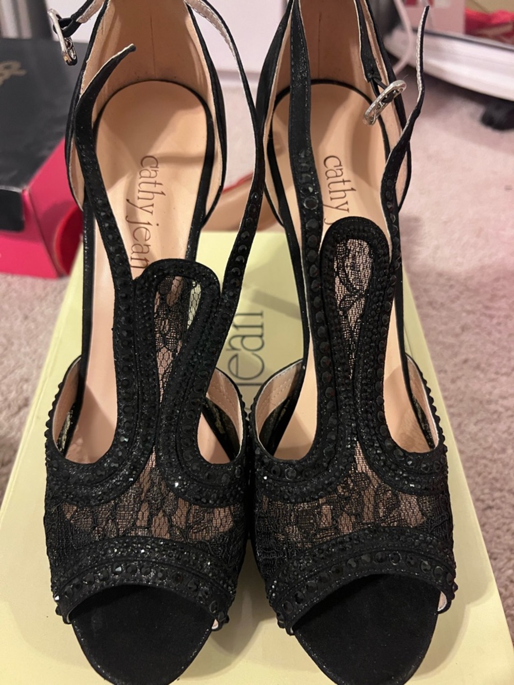 Cathy Jean Black Lace Peep-Toe T-Strap Slingback Heels